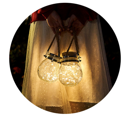 Solar LED Glass Lantern – Decorative Outdoor Light with Wire Lights and Carry Handle