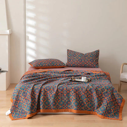 Six-Layer Cotton Throw Blanket with Orange And Blue Design