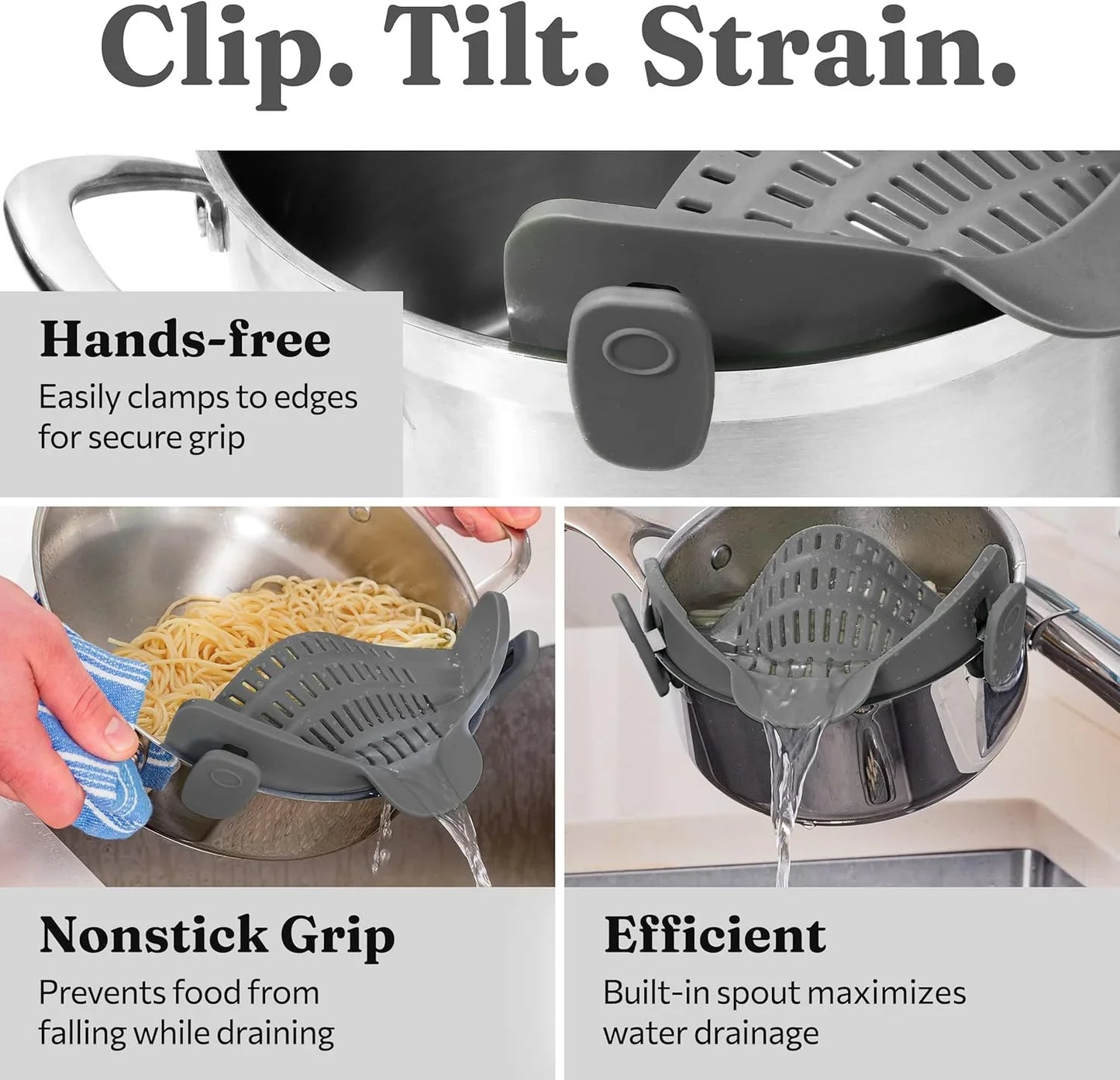 Heat-Resistant Silicone Strainer with Clip for Easy Food Draining