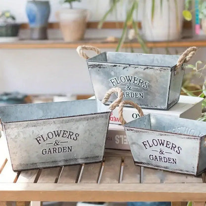 Metal Garden Planter with Hemp Rope Handles – Decorative Flower Pot for Outdoor Use