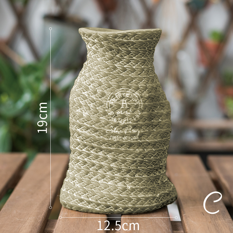 Ceramic Flower Pot with Woven Bag Look and Rope Handles – Decorative Planter for Home and Garden
