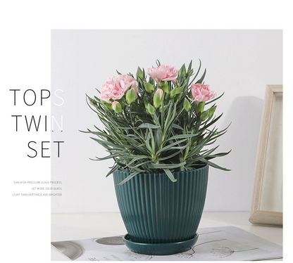 Sturdy Plastic Flower Pot with Grooved Design and Saucer - Durable Planter for Plants