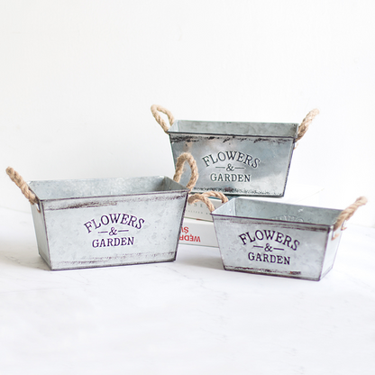 Metal Garden Planter with Hemp Rope Handles – Decorative Flower Pot for Outdoor Use