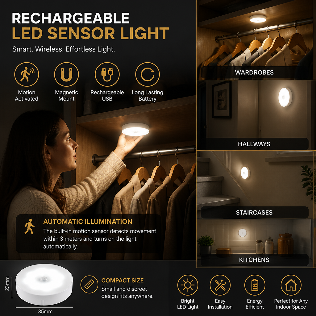 Rechargeable LED Sensor Light (4-Pack) – Magnetic and Automatic for Versatile Use
