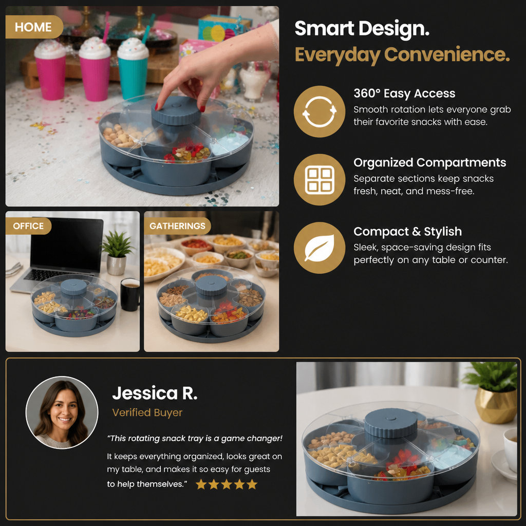 Rotating Snack Tray with Compartments – Spinning Serving Plate for Snacks & Candy