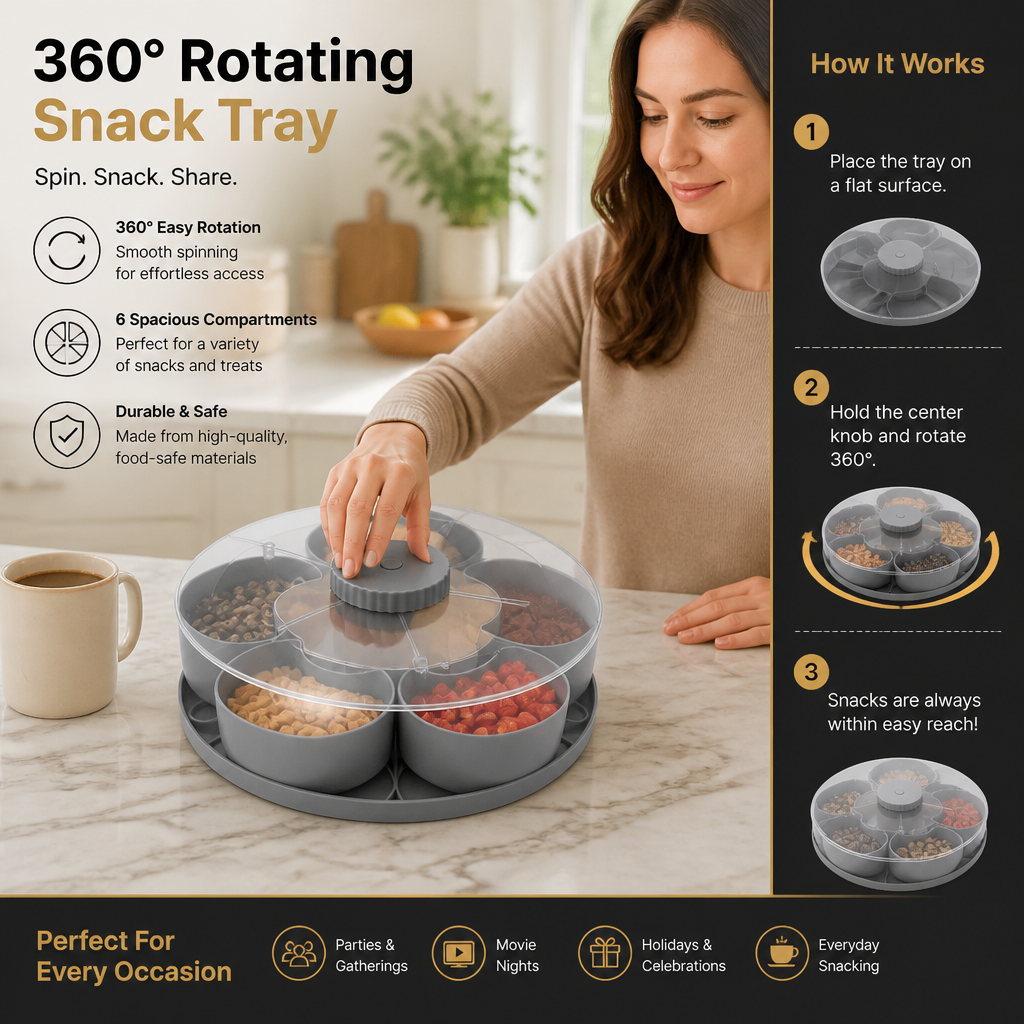 Rotating Snack Tray with Compartments – Spinning Serving Plate for Snacks & Candy