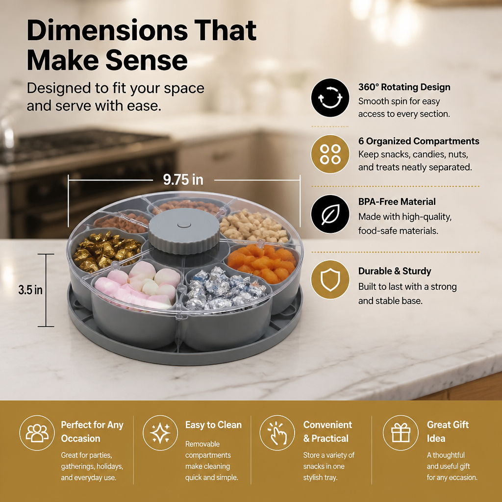 Rotating Snack Tray with Compartments – Spinning Serving Plate for Snacks & Candy