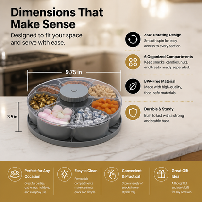 Rotating Snack Tray with Compartments – Spinning Serving Plate for Snacks & Candy