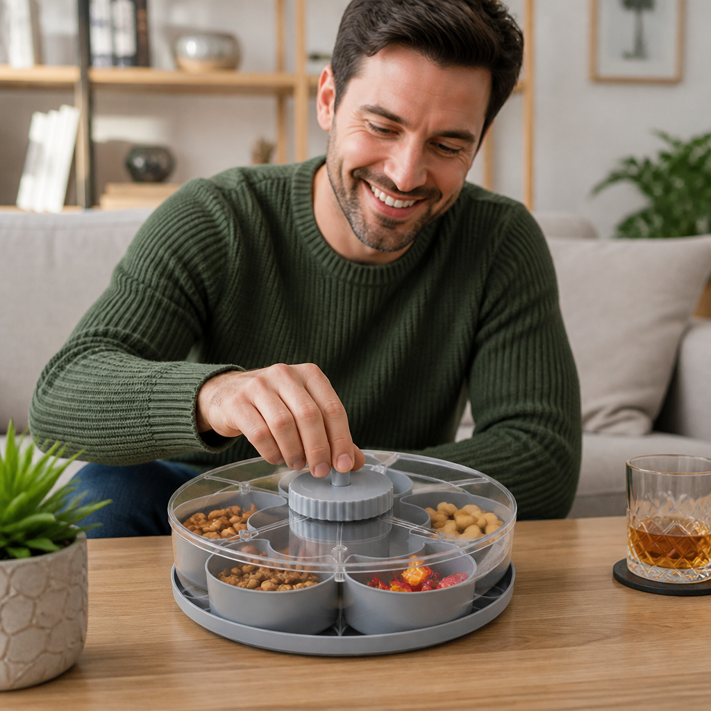 Rotating Snack Tray with Compartments – Spinning Serving Plate for Snacks & Candy