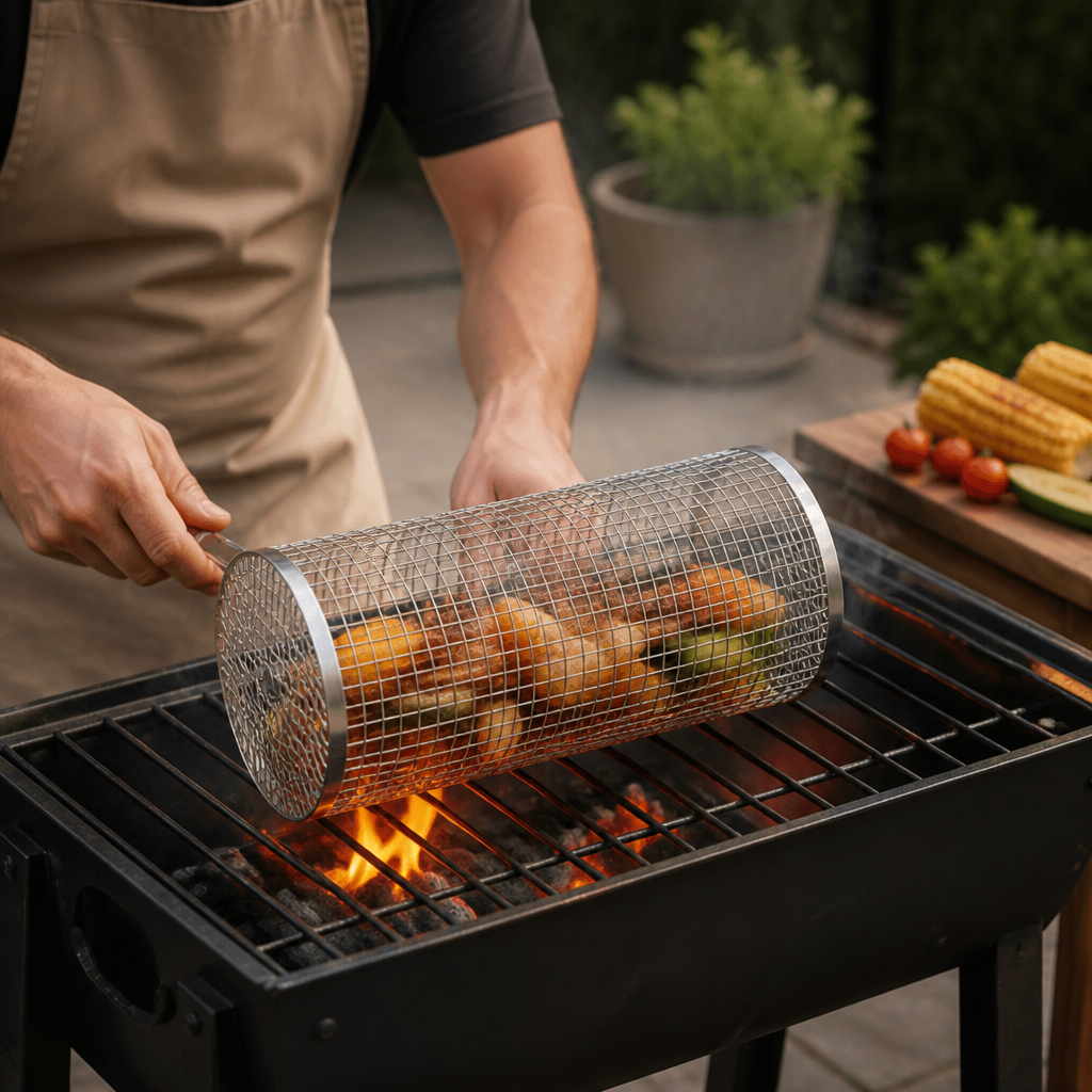 Practical Stainless Steel Grill Basket – Rotating BBQ Grill Basket for Outdoor Grilling