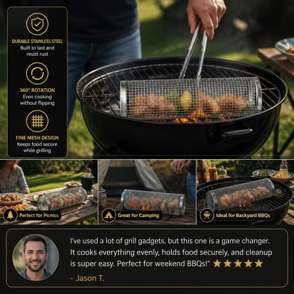 Practical Stainless Steel Grill Basket – Rotating BBQ Grill Basket for Outdoor Grilling