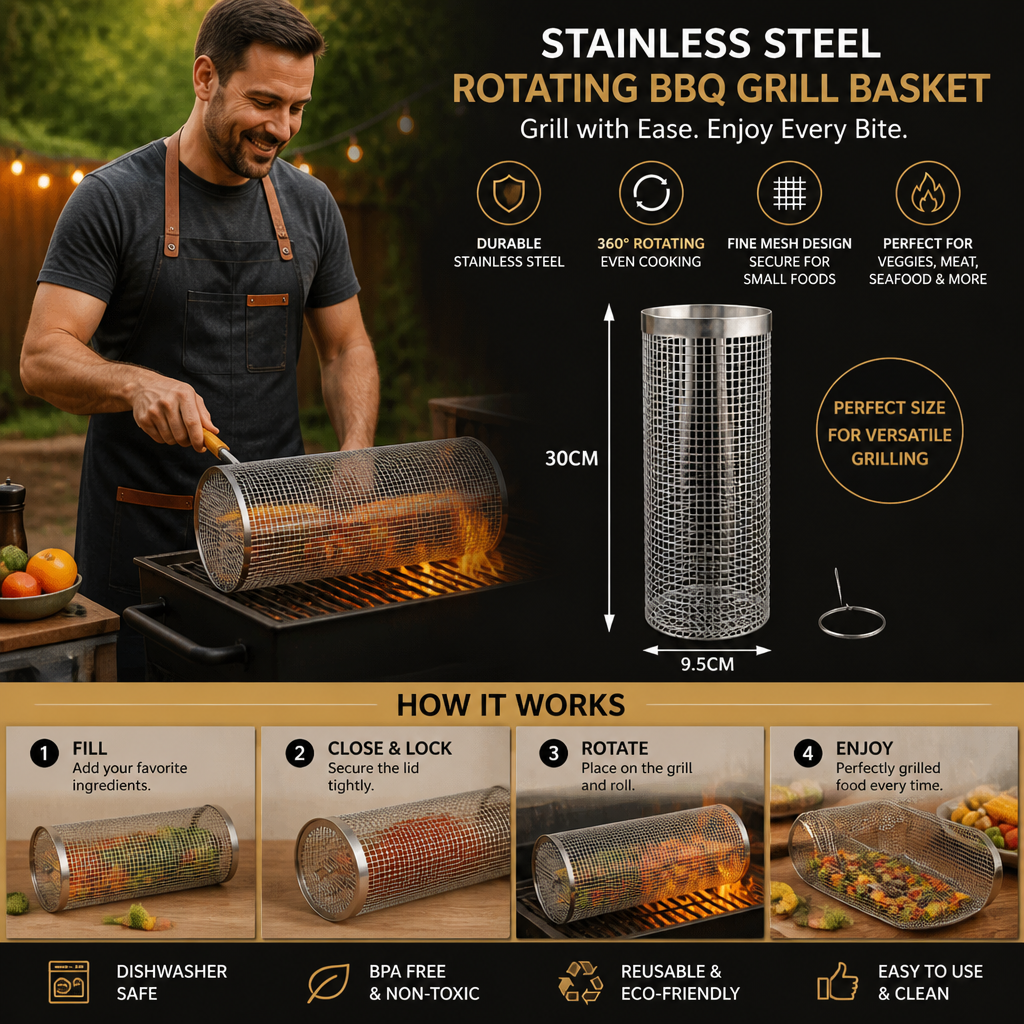 Practical Stainless Steel Grill Basket – Rotating BBQ Grill Basket for Outdoor Grilling