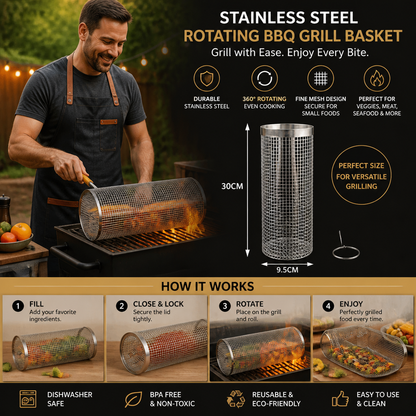 Practical Stainless Steel Grill Basket – Rotating BBQ Grill Basket for Outdoor Grilling