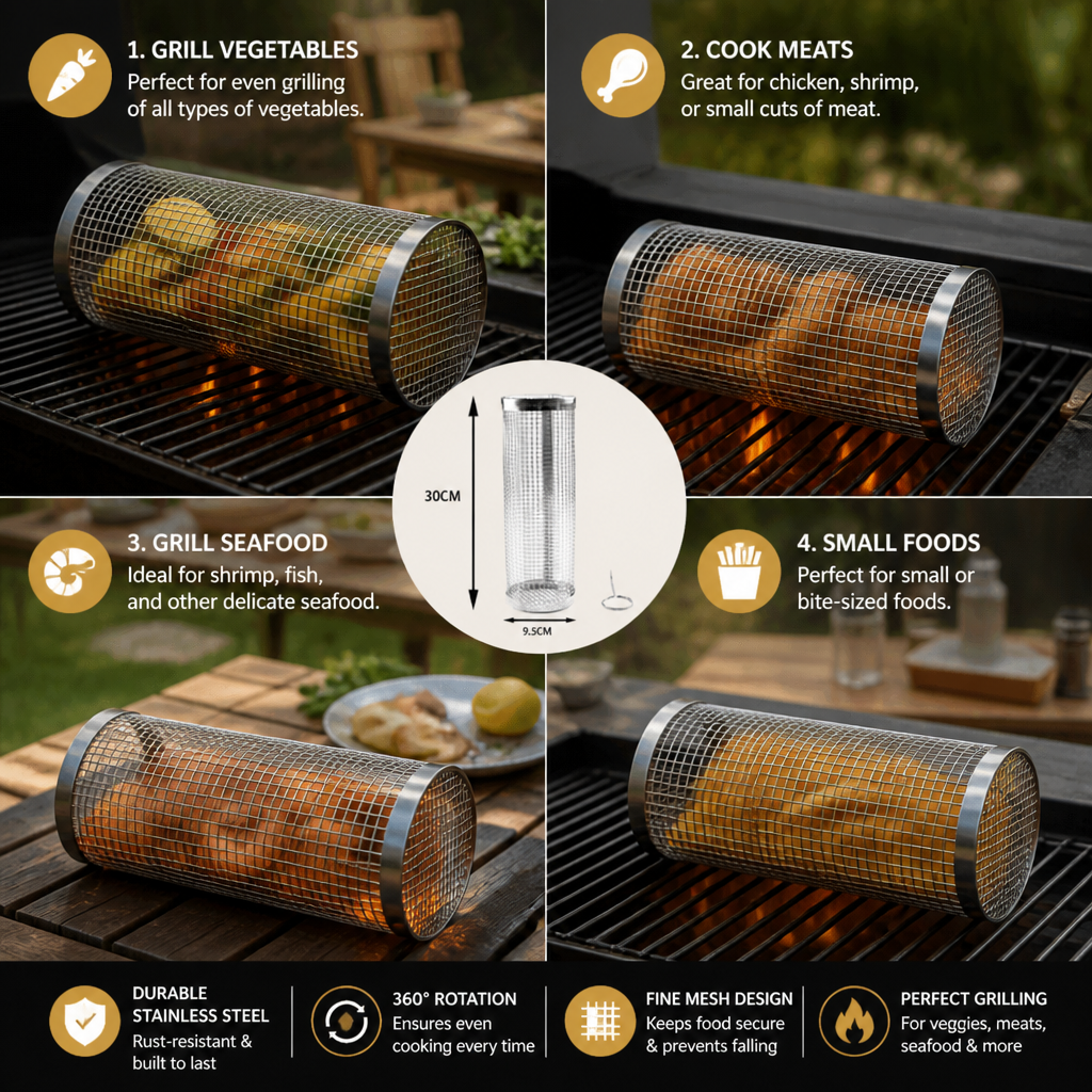 Practical Stainless Steel Grill Basket – Rotating BBQ Grill Basket for Outdoor Grilling
