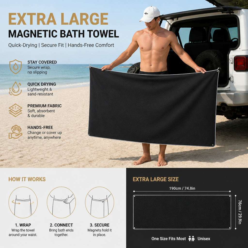 Extra Large Magnetic Bath Towel – Quick-Drying Beach and Bath Towel for Swimming and Outdoor Use