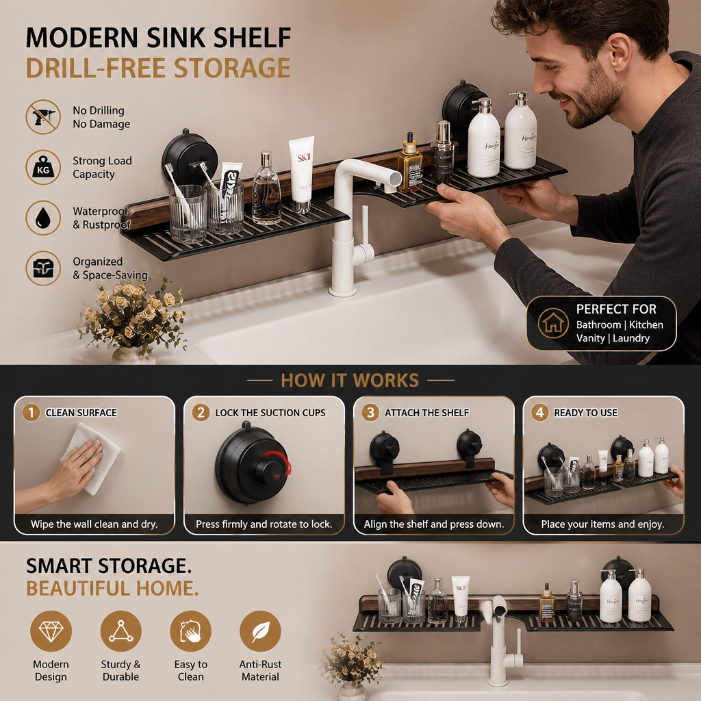 Modern Sink Shelf with Suction Cup – Drill-Free Storage Rack for a Beautiful Home