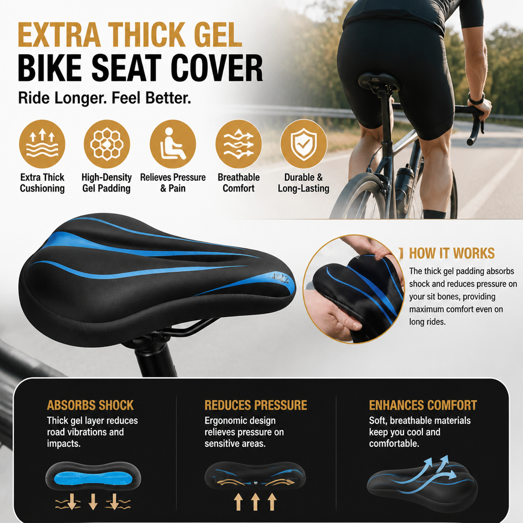 Extra Thick Anti Butt Pain Gel Bike Seat Cover – Soft Comfort Cushion
