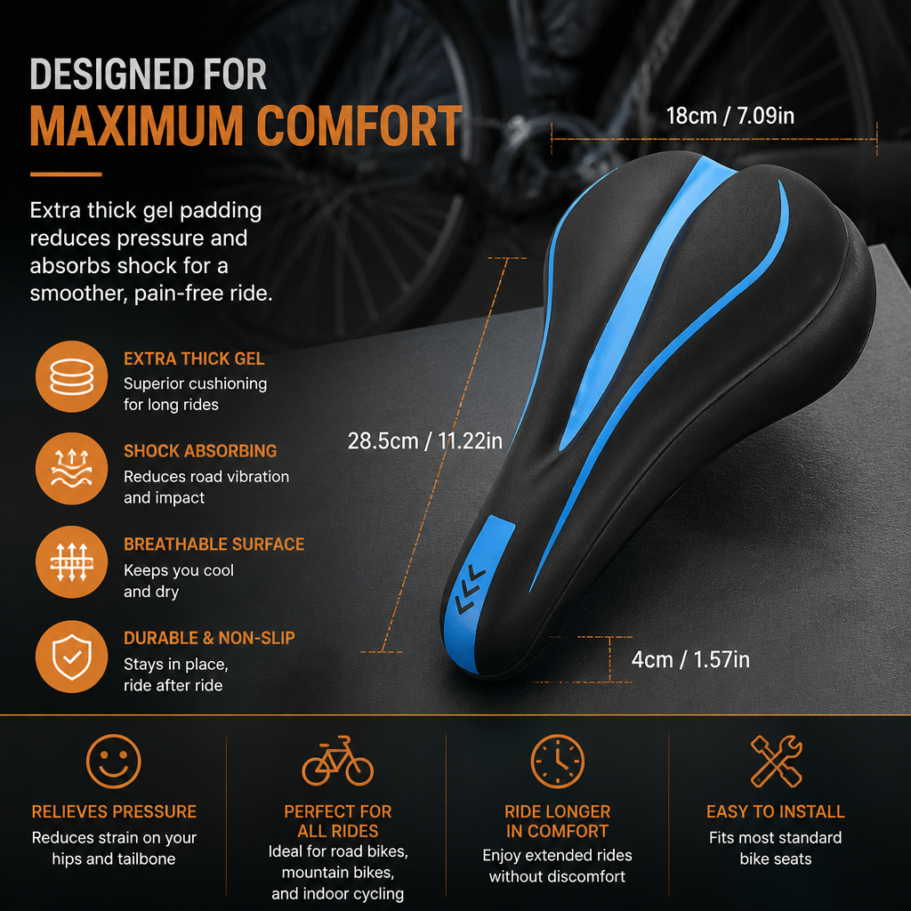 Extra Thick Anti Butt Pain Gel Bike Seat Cover – Soft Comfort Cushion