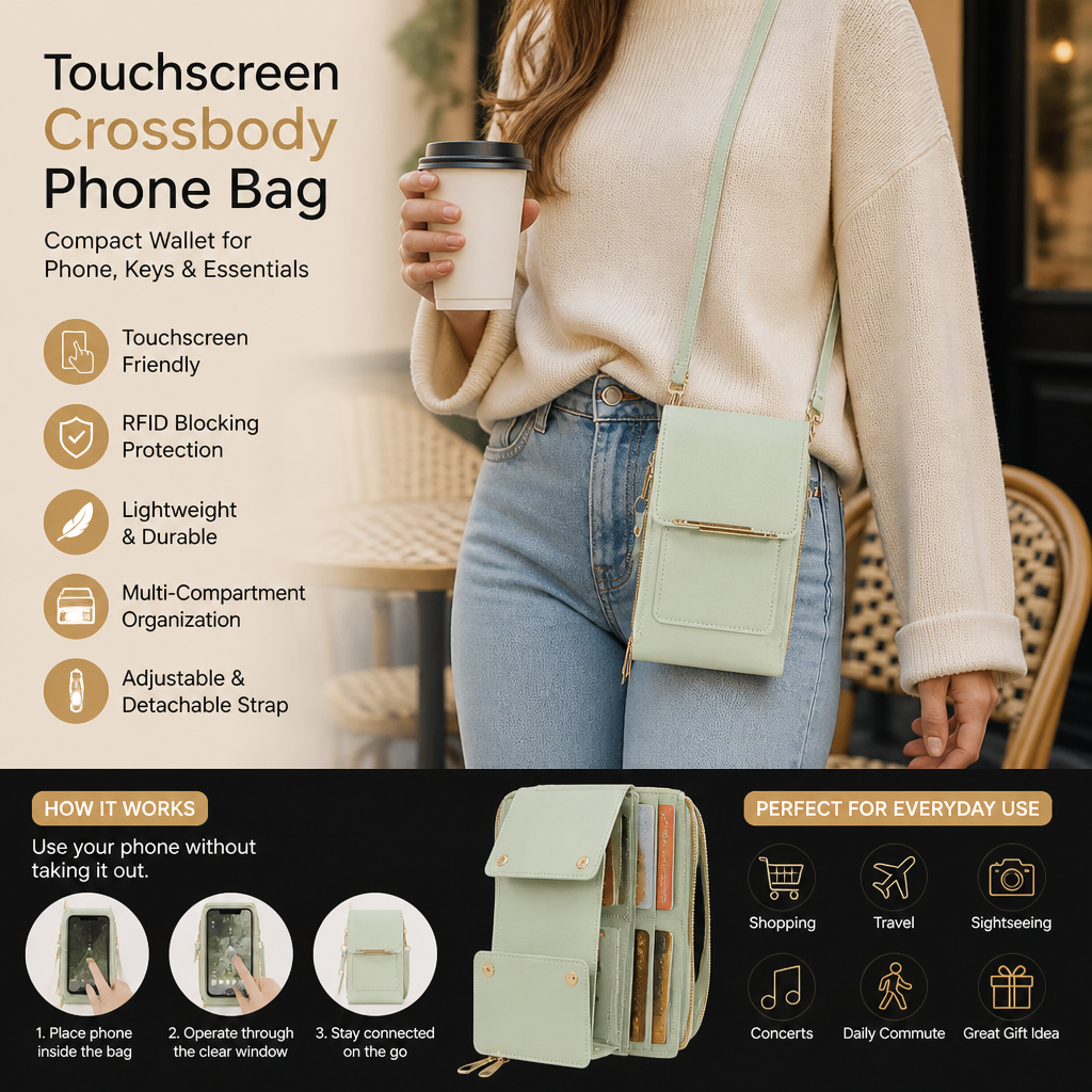 Touchscreen Crossbody Phone Bag – Compact Wallet for Phone, Keys & Essentials