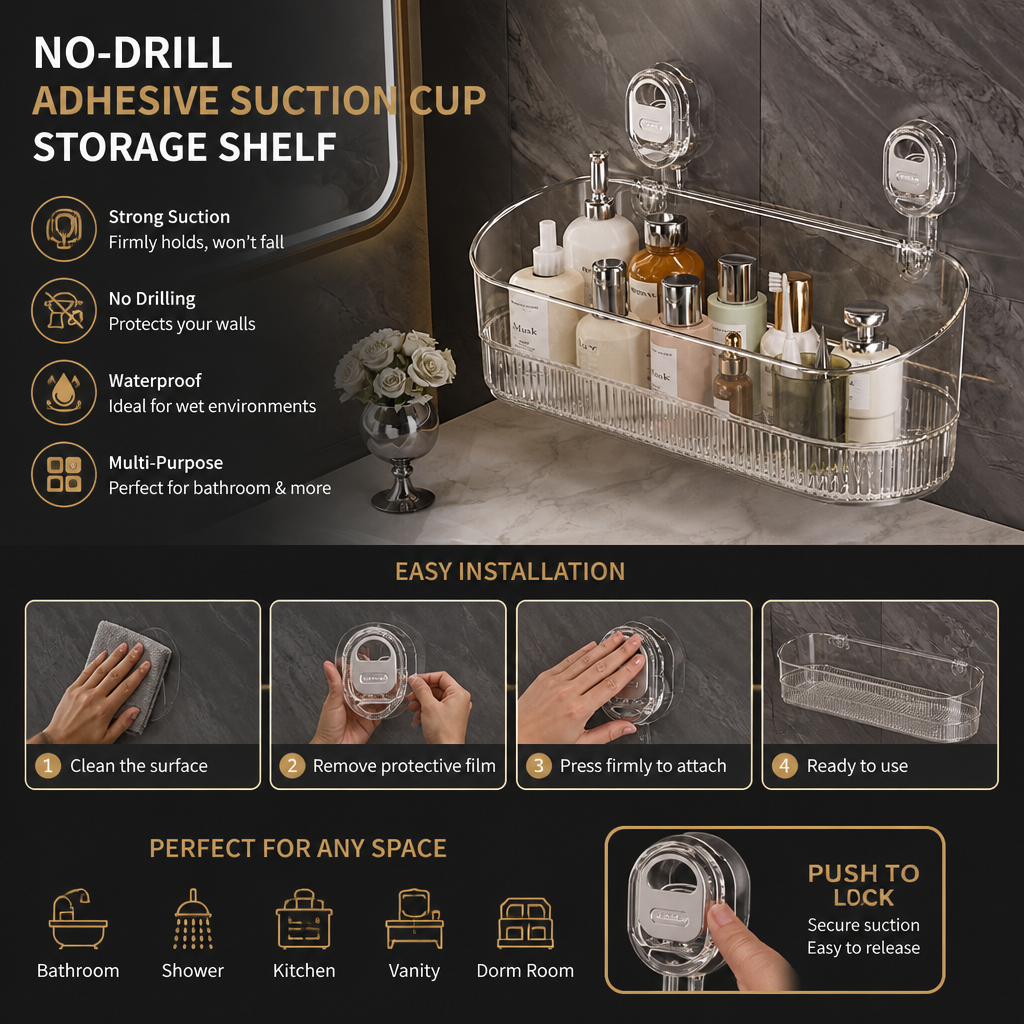 No-Drill Adhesive Suction Cup Shower & Bathroom Shelf