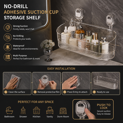 No-Drill Adhesive Suction Cup Shower & Bathroom Shelf