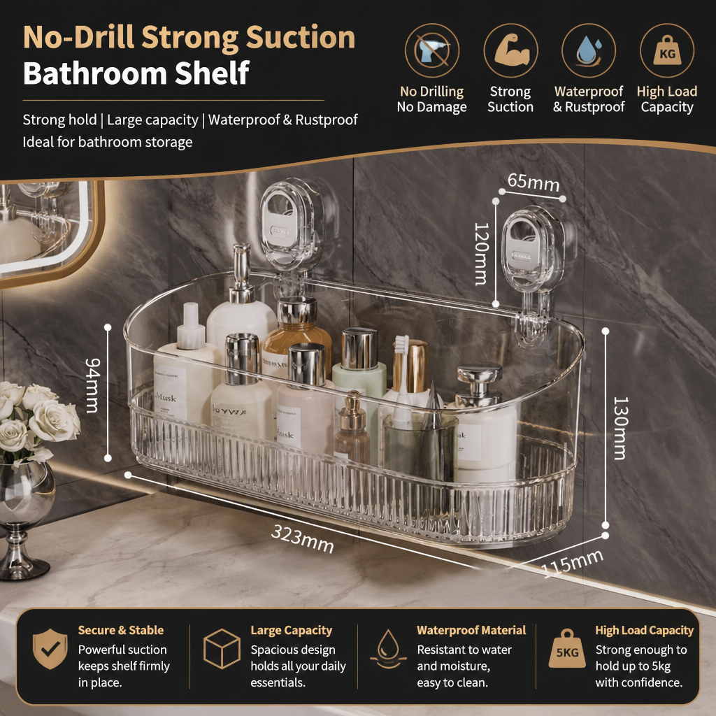 No-Drill Adhesive Suction Cup Shower & Bathroom Shelf