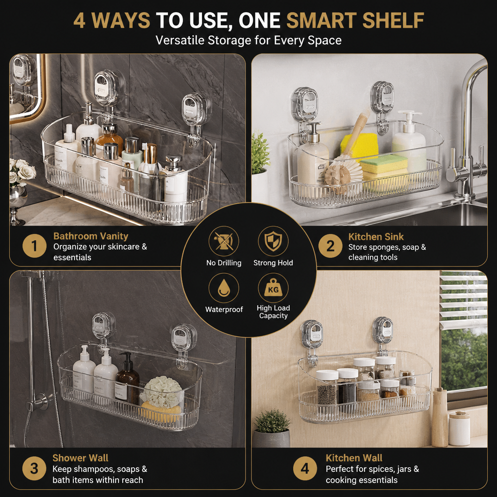 No-Drill Adhesive Suction Cup Shower & Bathroom Shelf