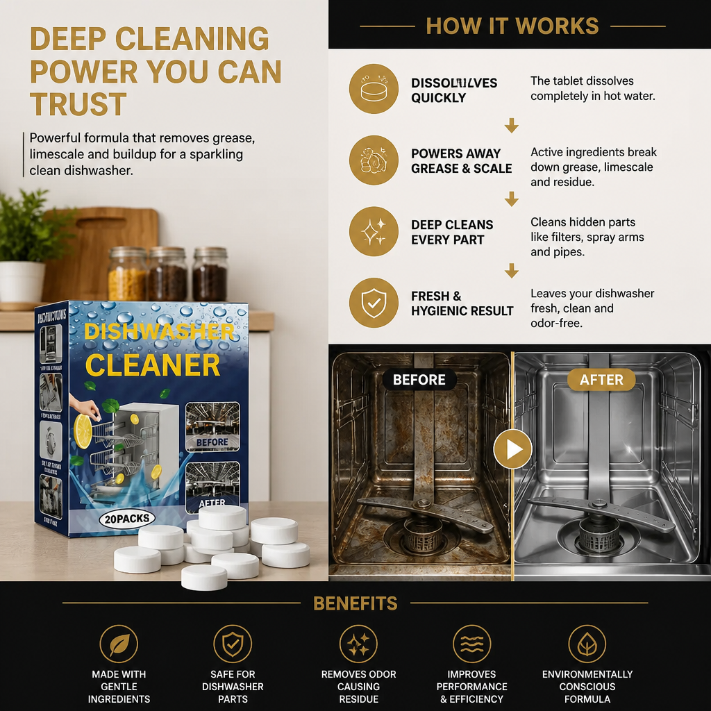 Dishwasher Cleaning Tablets for Deep Cleaning & Grease Removal - Made with gentle Ingredients