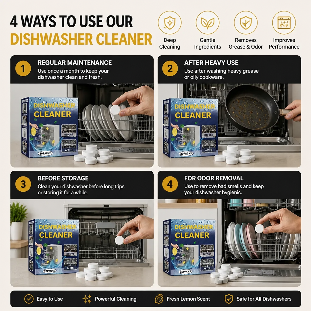 Dishwasher Cleaning Tablets for Deep Cleaning & Grease Removal - Made with gentle Ingredients