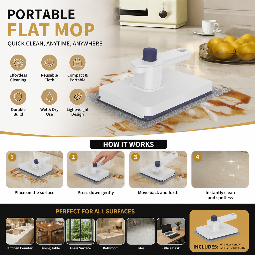 Portable Flat Mop with Reusable Cleaning Cloth for Quick Surface Cleaning