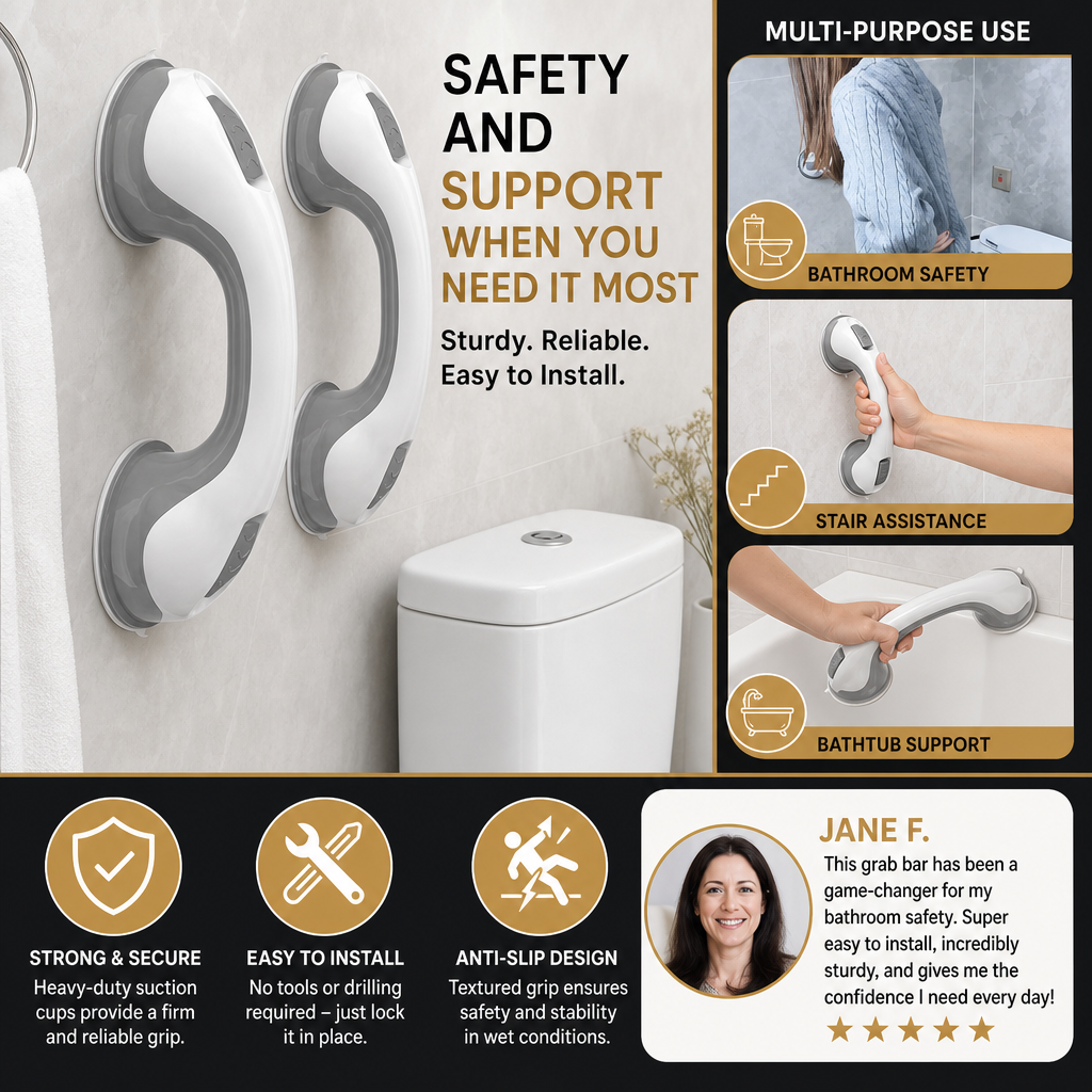 Heavy-Duty Suction Cup Safety Grab Bar – Anti-Slip Bathroom Support Handle