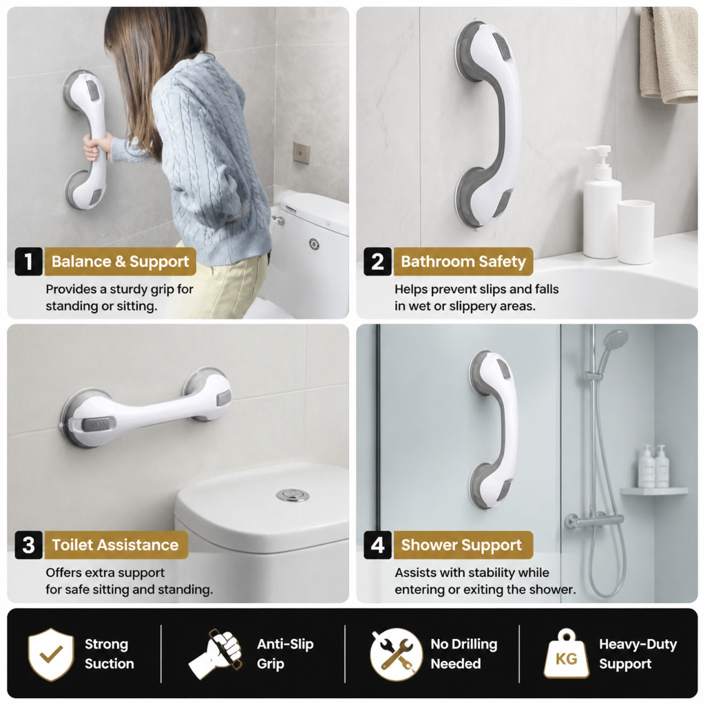 Heavy-Duty Suction Cup Safety Grab Bar – Anti-Slip Bathroom Support Handle
