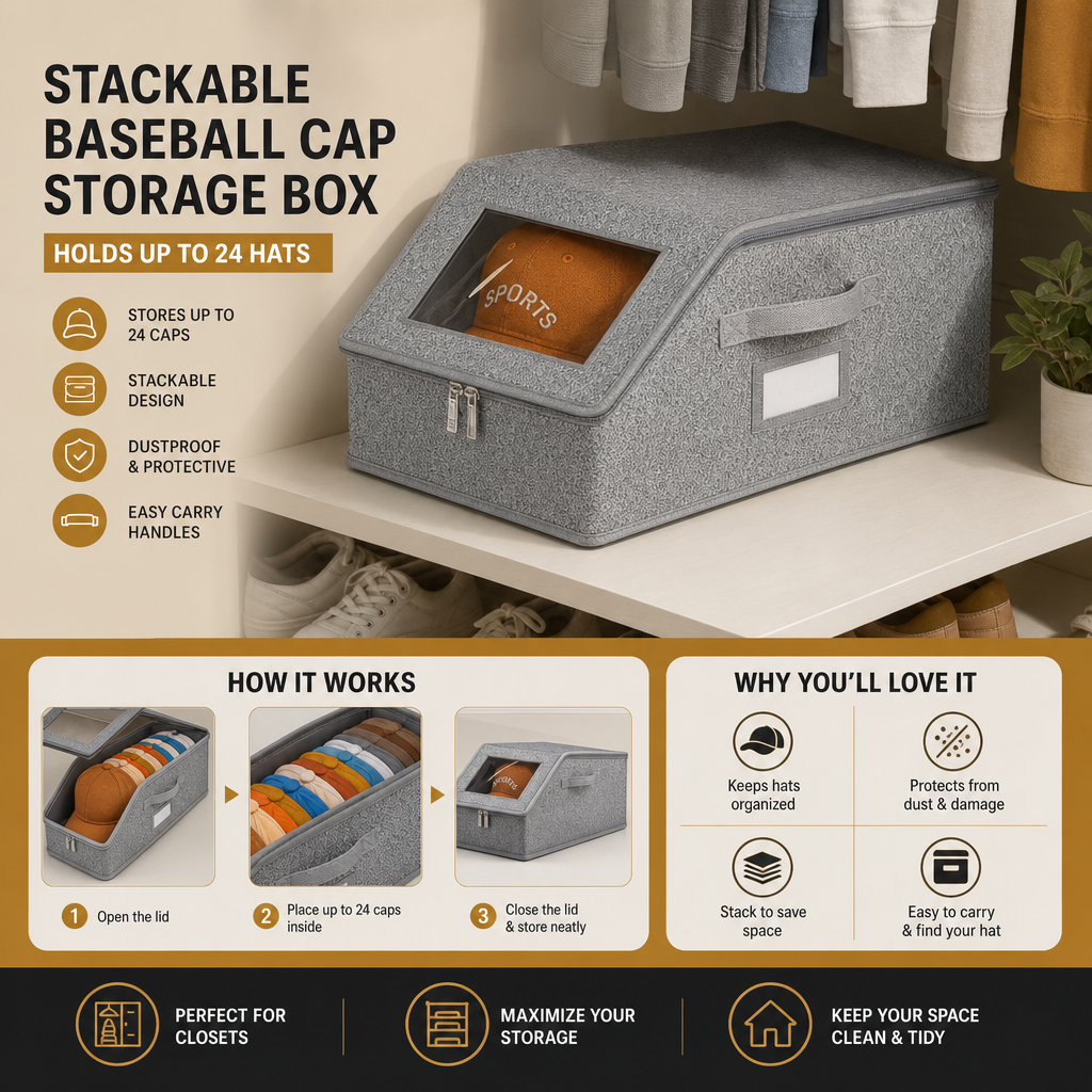 Stackable Baseball Cap Storage Box – Holds Up to 24 Hats