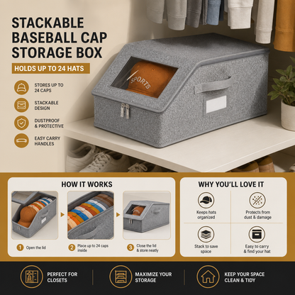 Stackable Baseball Cap Storage Box – Holds Up to 24 Hats