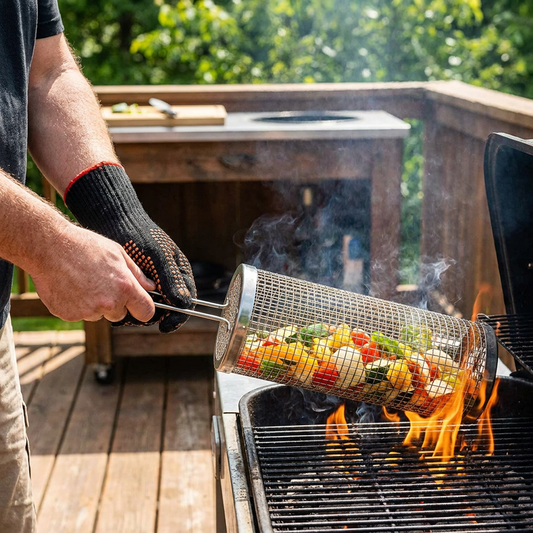 Practical Stainless Steel Grill Basket – Rotating BBQ Grill Basket for Outdoor Grilling