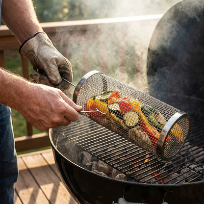 Practical Stainless Steel Grill Basket – Rotating BBQ Grill Basket for Outdoor Grilling