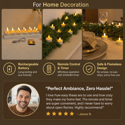 12-Piece Rechargeable LED Flameless Tea Light Candle Set with USB-C Charging Station, Remote Control & Timer