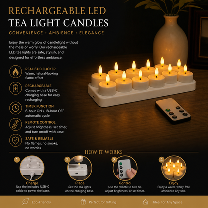 12-Piece Rechargeable LED Flameless Tea Light Candle Set with USB-C Charging Station, Remote Control & Timer