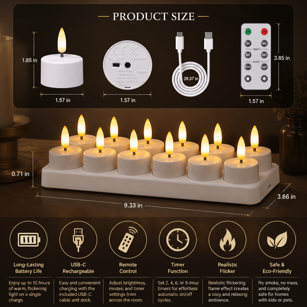 12-Piece Rechargeable LED Flameless Tea Light Candle Set with USB-C Charging Station, Remote Control & Timer