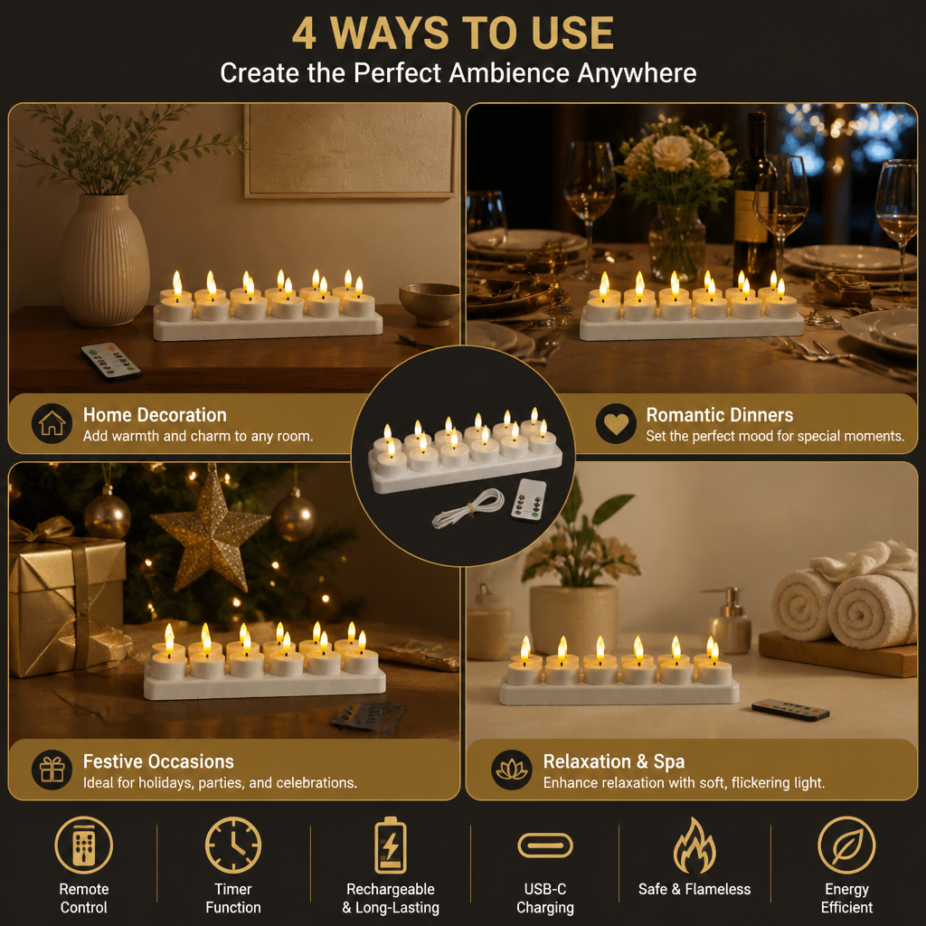 12-Piece Rechargeable LED Flameless Tea Light Candle Set with USB-C Charging Station, Remote Control & Timer