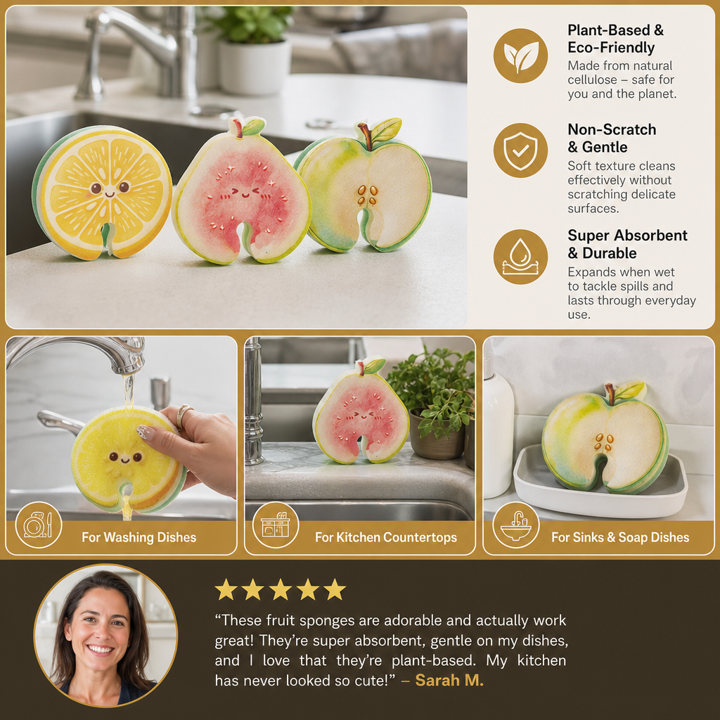 Fruit-Shaped Pop-Up Cellulose Sponges – 3-Pack of Plant-Based, Non-Scratch Kitchen Sponges