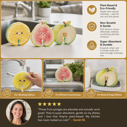 Fruit-Shaped Pop-Up Cellulose Sponges – 3-Pack of Plant-Based, Non-Scratch Kitchen Sponges