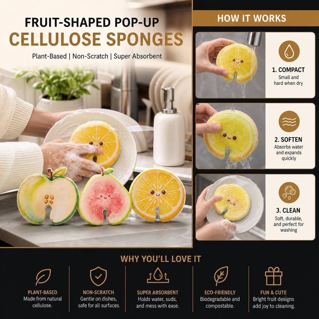 Fruit-Shaped Pop-Up Cellulose Sponges – 3-Pack of Plant-Based, Non-Scratch Kitchen Sponges