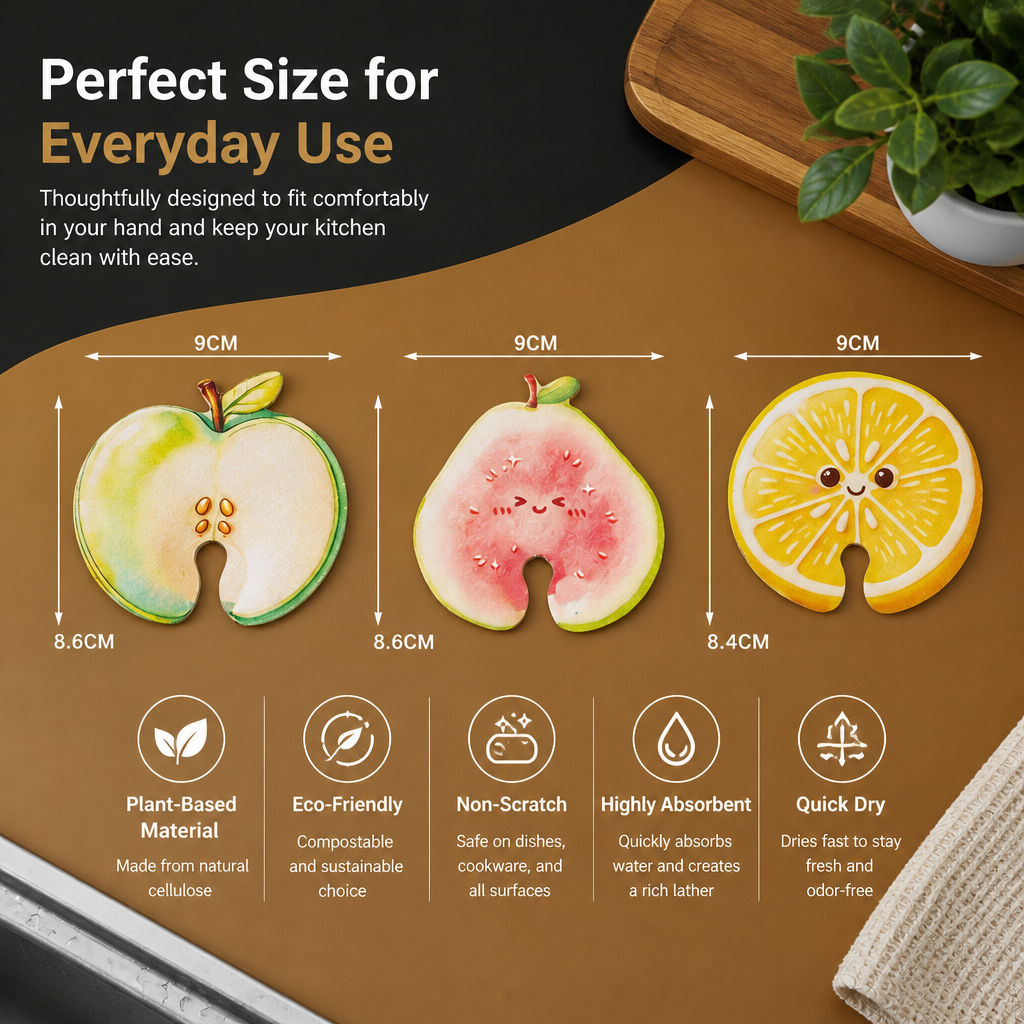 Fruit-Shaped Pop-Up Cellulose Sponges – 3-Pack of Plant-Based, Non-Scratch Kitchen Sponges
