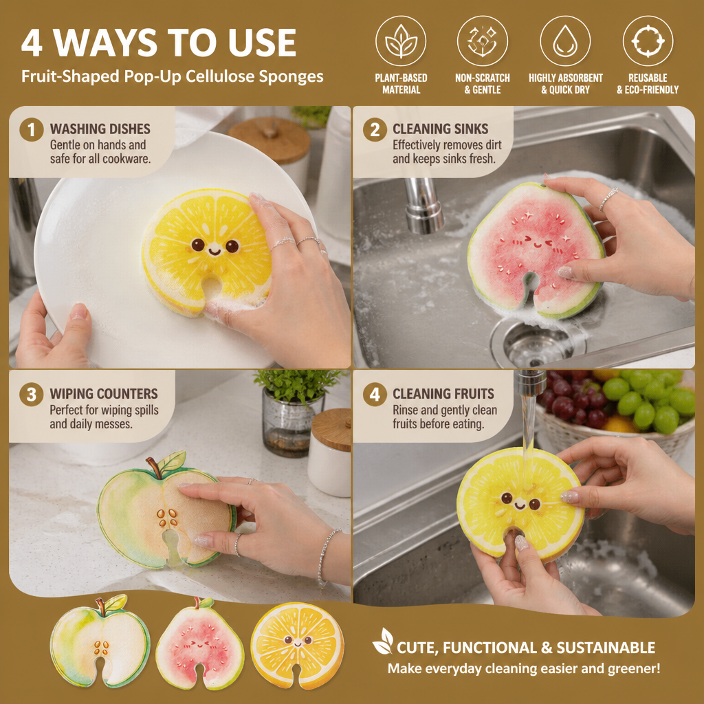 Fruit-Shaped Pop-Up Cellulose Sponges – 3-Pack of Plant-Based, Non-Scratch Kitchen Sponges