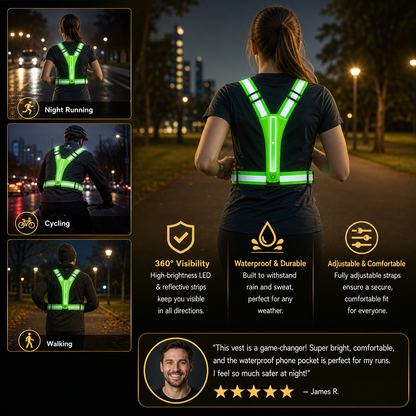 LED Reflective Running Vest with Waterproof Phone Pocket