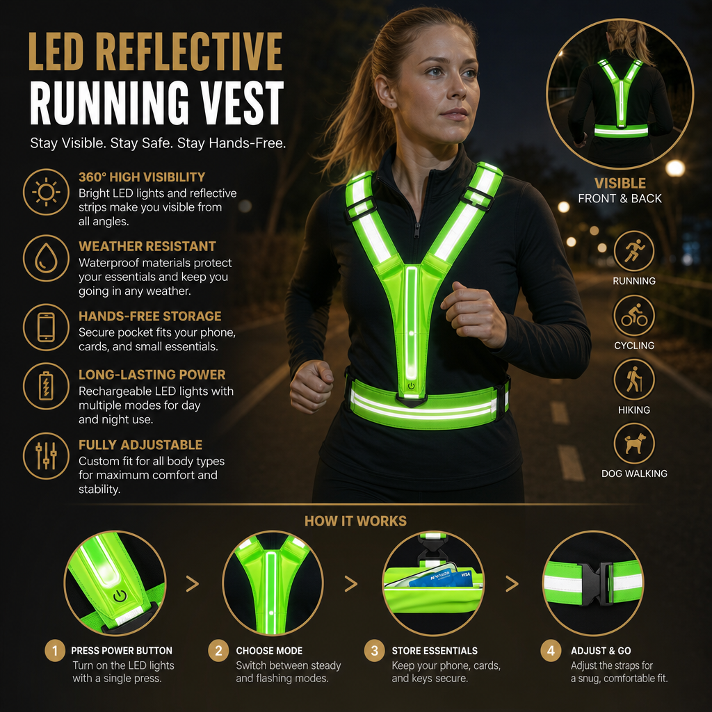 LED Reflective Running Vest with Waterproof Phone Pocket