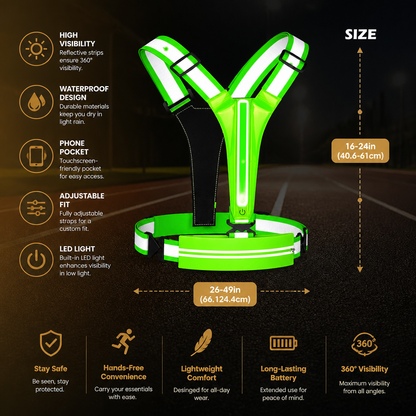 LED Reflective Running Vest with Waterproof Phone Pocket