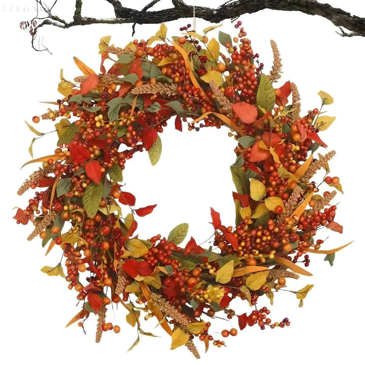 Autumn Rattan Wreath With Berries And Fall Leaves – For Seasonal Home Decor