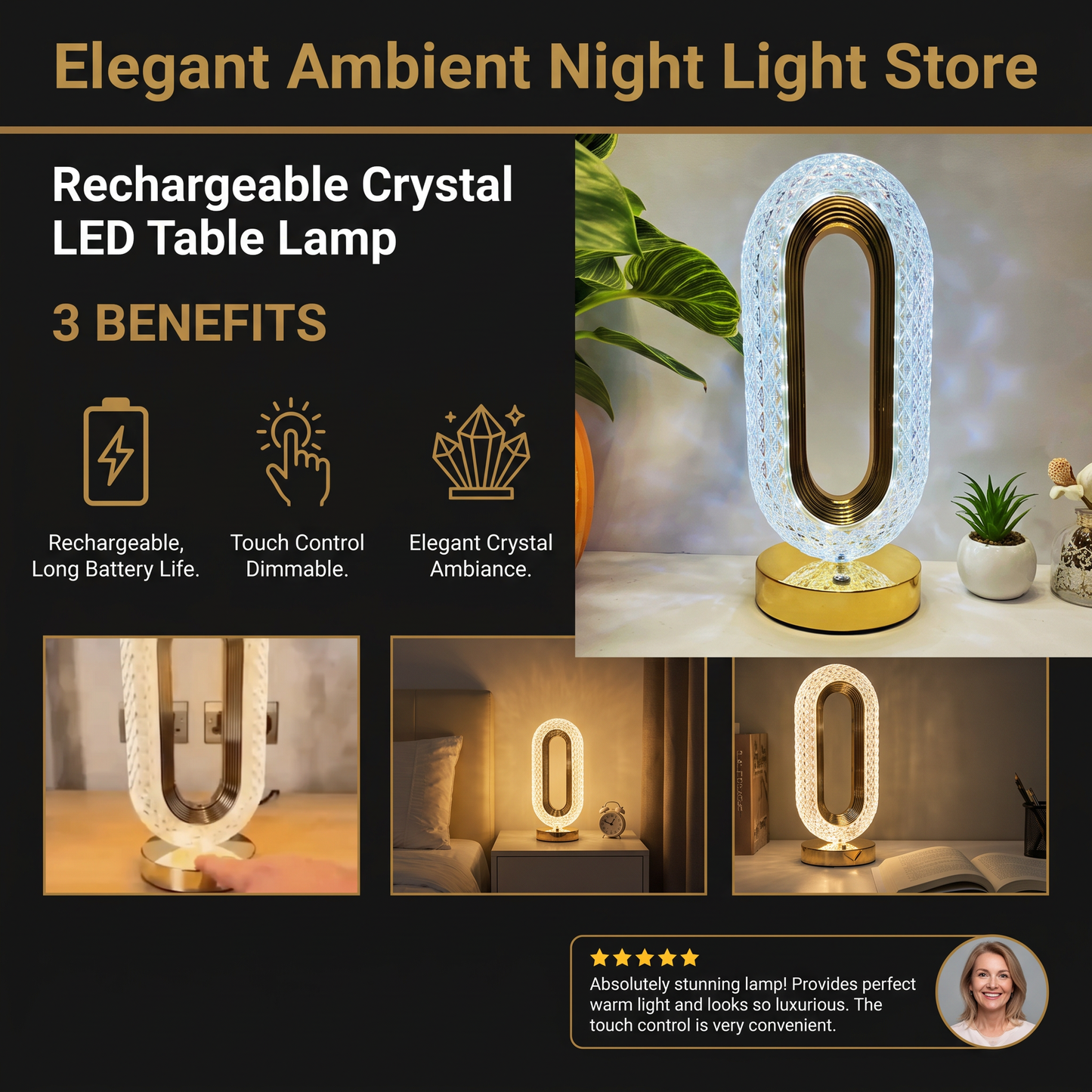 Rechargeable Crystal LED Table Lamp – Elegant Ambient Night Light